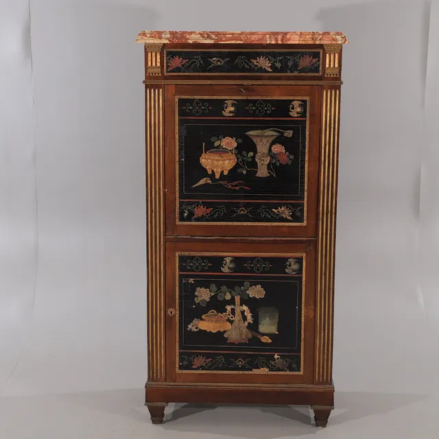 SEKRETÄR, Louis XVI-stil, mahogny, palisander med applikationer i förgyllt brons, 1800-talets andra hälft.