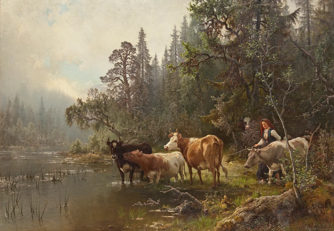 Askevold, Anders — Budeie og kyr ved vanningssted, 1871 — Kunst/Maleri — Blomqvist