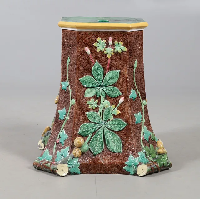 19THC MAJOLICA GARDEN STOOL/JARDINIERE STAND.