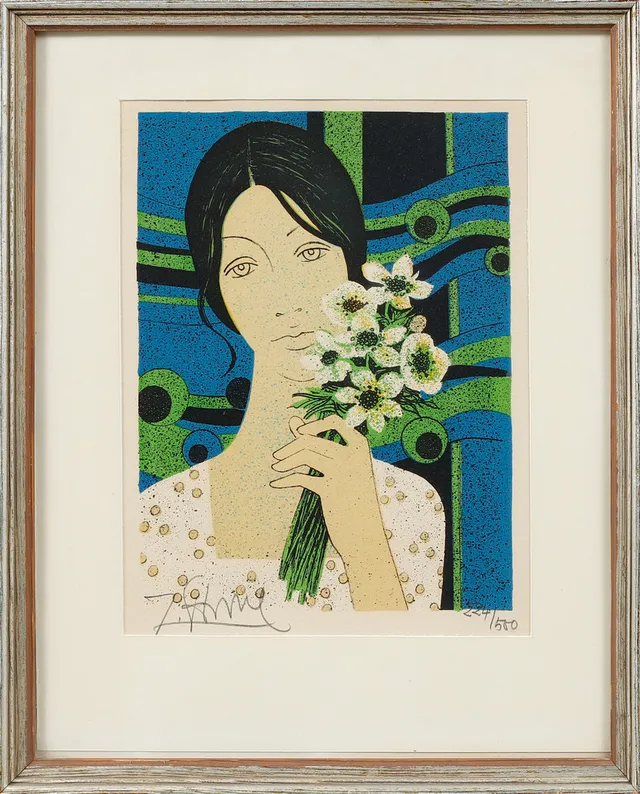 YVES GANNE. Kvinna med blommor, färglitografi, signerad och numrerad 224/500.