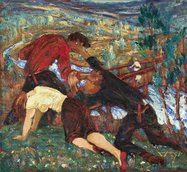 RUNE SIGVARD (1907-1943), "Slagsmål", signerad och daterad Rune Sigvard 1937, olja på duk.