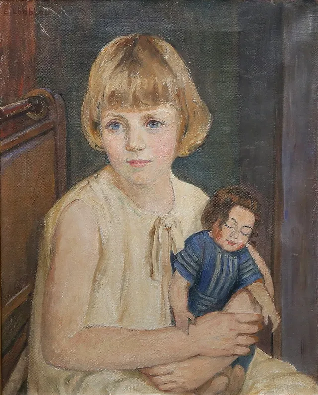 EMILIA LÖNBLAD. Dockan sover. Olja på duk, signerad E. Lönblad.