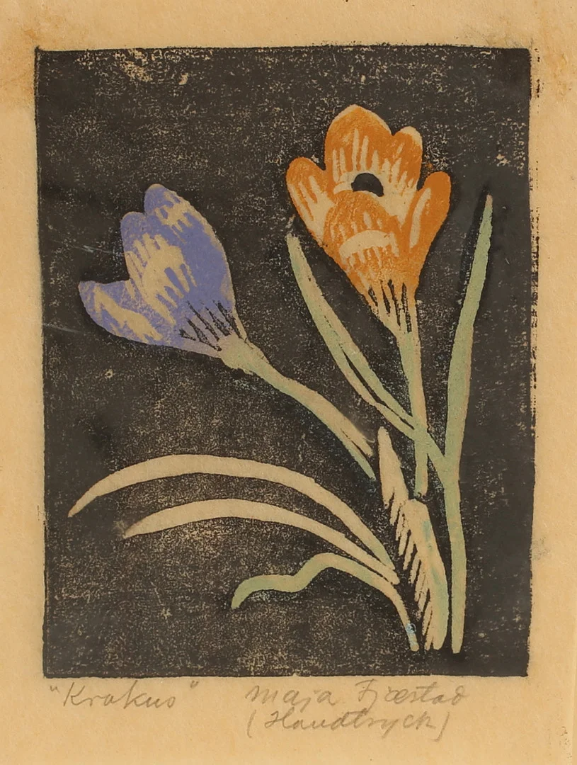 MAJA FJAESTAD. Träsnitt, "Krokus", signerad, handtryck. — Engravings & Prints — RA Auktionsverket Norrköping