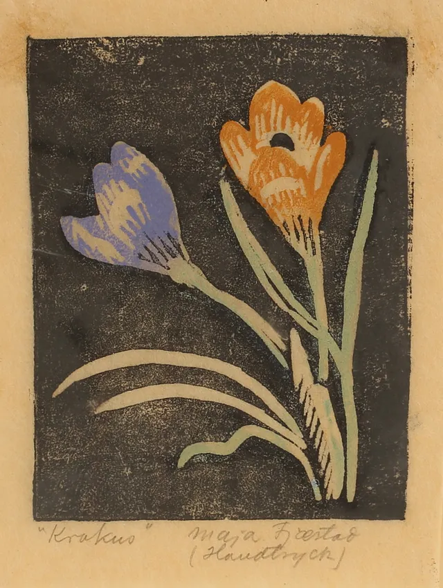 MAJA FJAESTAD. Träsnitt, "Krokus", signerad, handtryck.