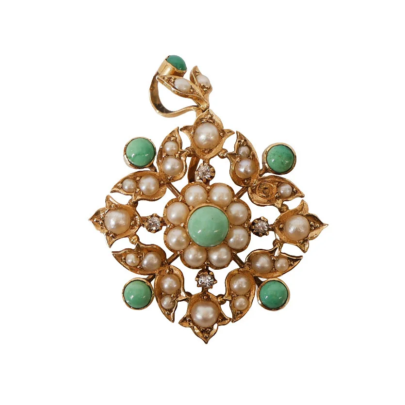VICTORIAN TURQUOISE, DIAMOND AND PEARL BROOCH PENDANT. — Brooches & Pendants — Bishop & Miller
