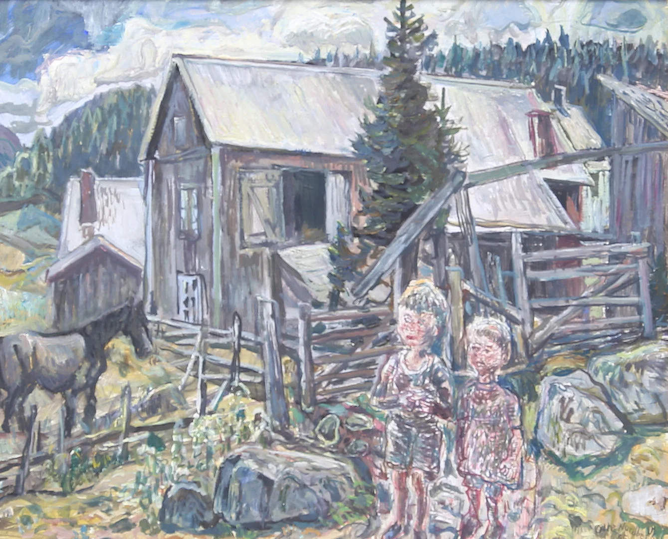 OLLE NORDBERG. Barn vid lada. Olja på pannå, signerad och daterad -55. — Paintings — Auktionshuset Thelin & Johansson