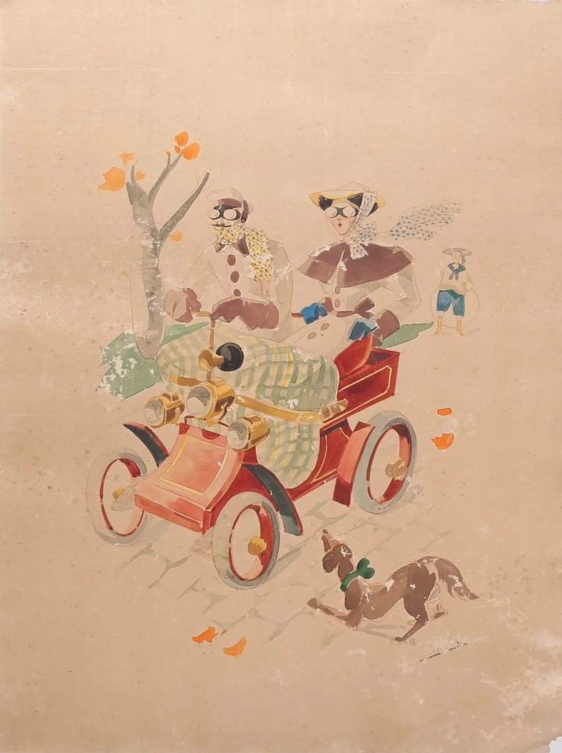 SPANISH SCHOOL, SECOND QUARTER OF THE 20TH CENTURY. Young couple in a car. — Drawings — Balclis
