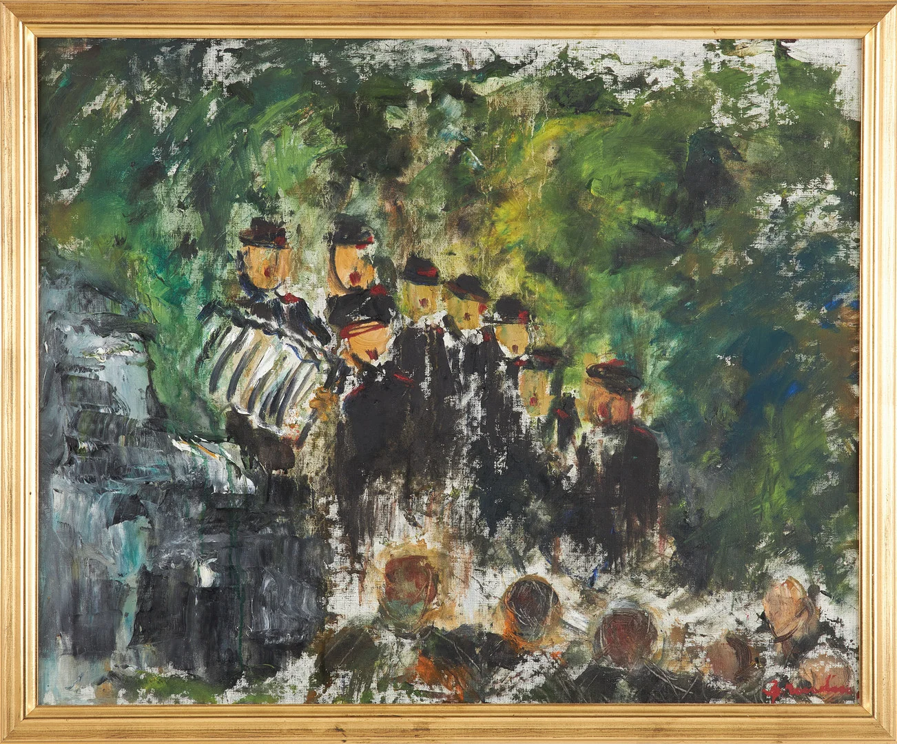 HANNA BRUNDIN (1914-2000). "Musik i parken", olja på duk, signerad. — Paintings — Stockholms Auktionsverk Sickla