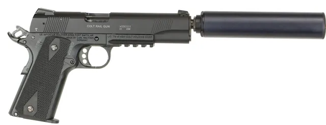 PISTOL MED LJUDDÄMPARE, fabrikat Colt (Walther), modell 1911 Rail Gun, kaliber .22lr, tillv.nr WD083022, se-nr SE3470046.