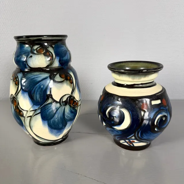 VASER, 2 st, jugend, ca 1910/20-tal, Danico, glaserad keramik, dekor av stiliserade blommor.