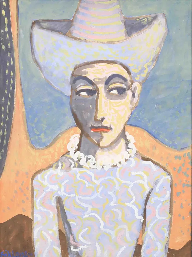 ERIK LARSEN (DANMARK 1902-1975). Kvinna med hatt, blandteknik, signerad.