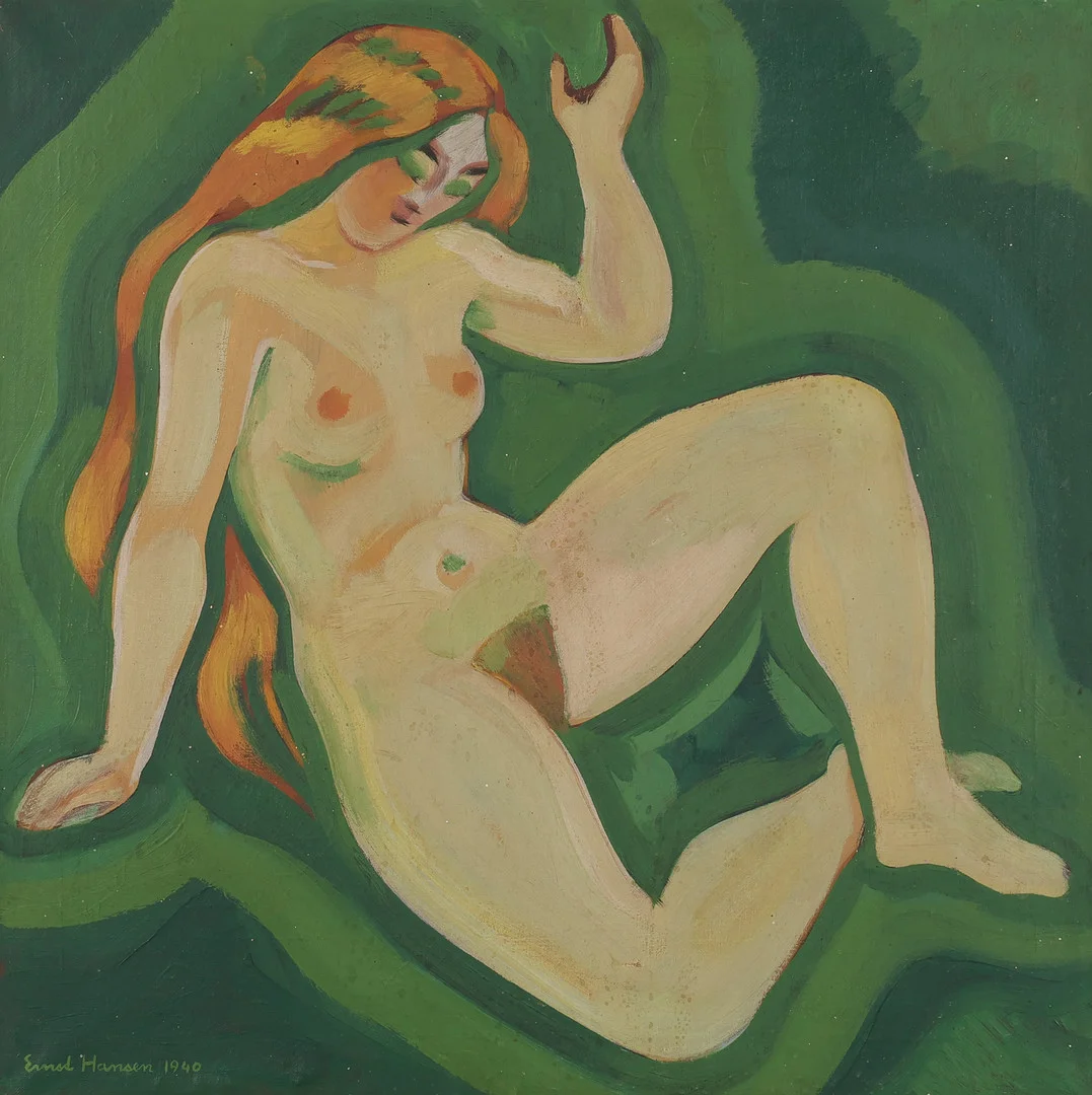 ERNST HANSEN (1892-1968). Portræt af nøgen rødhåret kvinde, olie på lærred, signeret, Danmark, 1940. — Paintings — Palsgaard Kunstauktioner