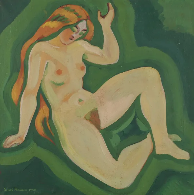 ERNST HANSEN (1892-1968). Portræt af nøgen rødhåret kvinde, olie på lærred, signeret, Danmark, 1940.
