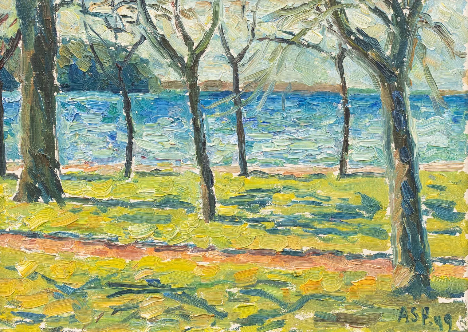GÖSTA ASP (1910-1986). Kustlandskap, Stockholm, olja på pannå, signerad och daterad -49. — Paintings — Garpenhus Auktioner