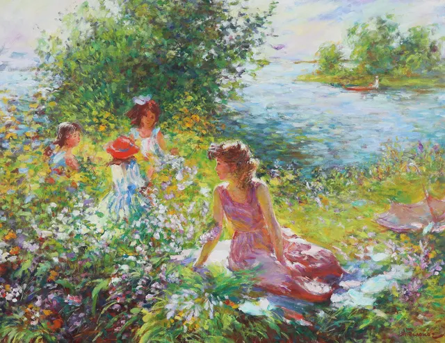 OIDENTIFERAD KONSTNÄR. olja på duk, picknick vid sjö, signerad.