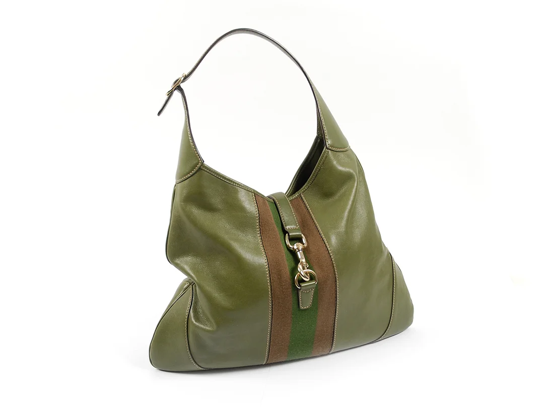 VÄSKA, GUCCI mod. Jackie olivgrönt läder/tyg grönt/ brunt randig gulmetalldetaljer 42x33 cm dustbag — Accessoarer/Väskor — Kaplans
