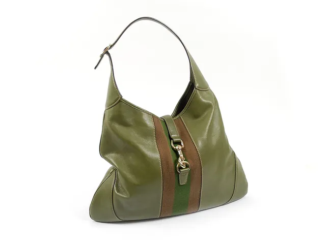VÄSKA, GUCCI mod. Jackie olivgrönt läder/tyg grönt/ brunt randig gulmetalldetaljer 42x33 cm dustbag