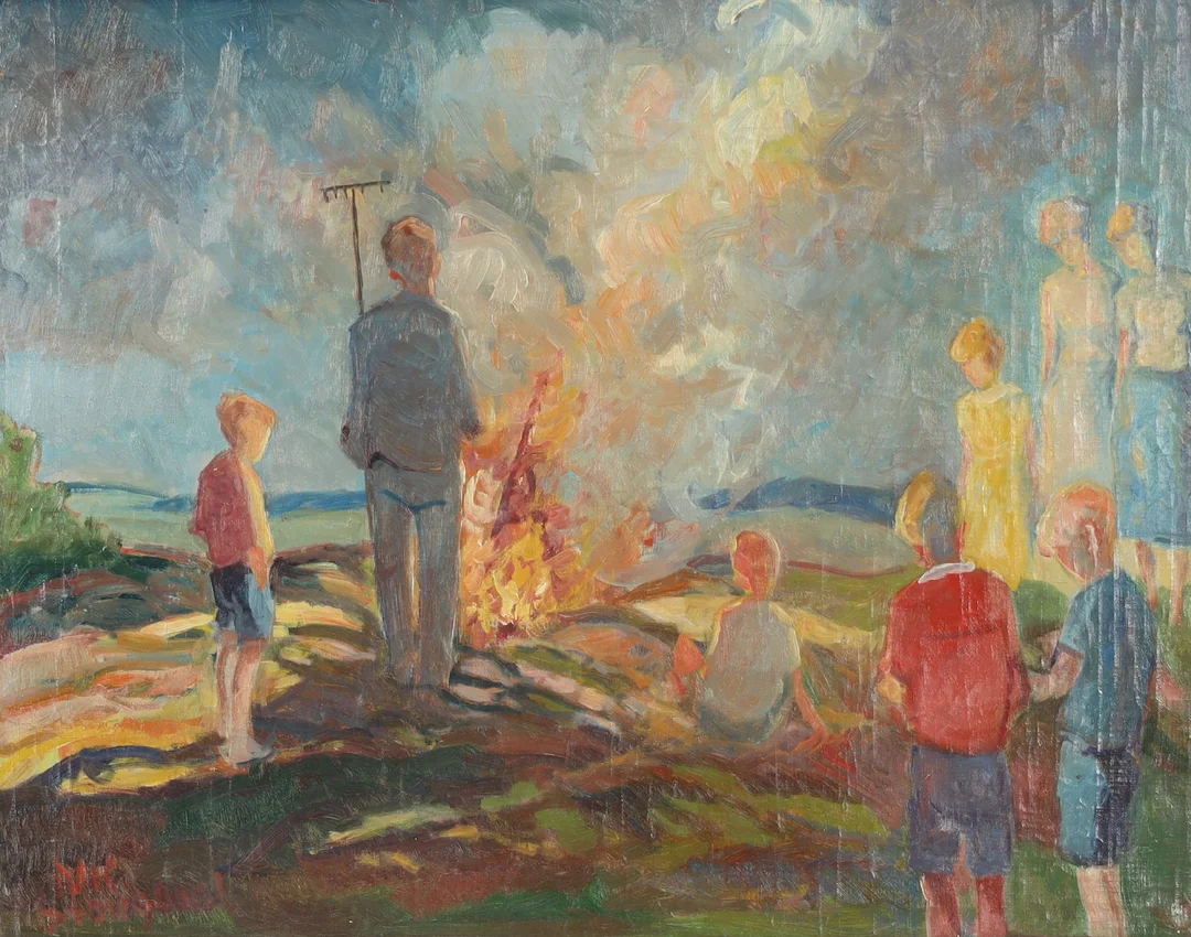 Nis Stougaard. People around a campfire (cd) — Paintings and sculptures/Modern pictorial arts — Lauritz