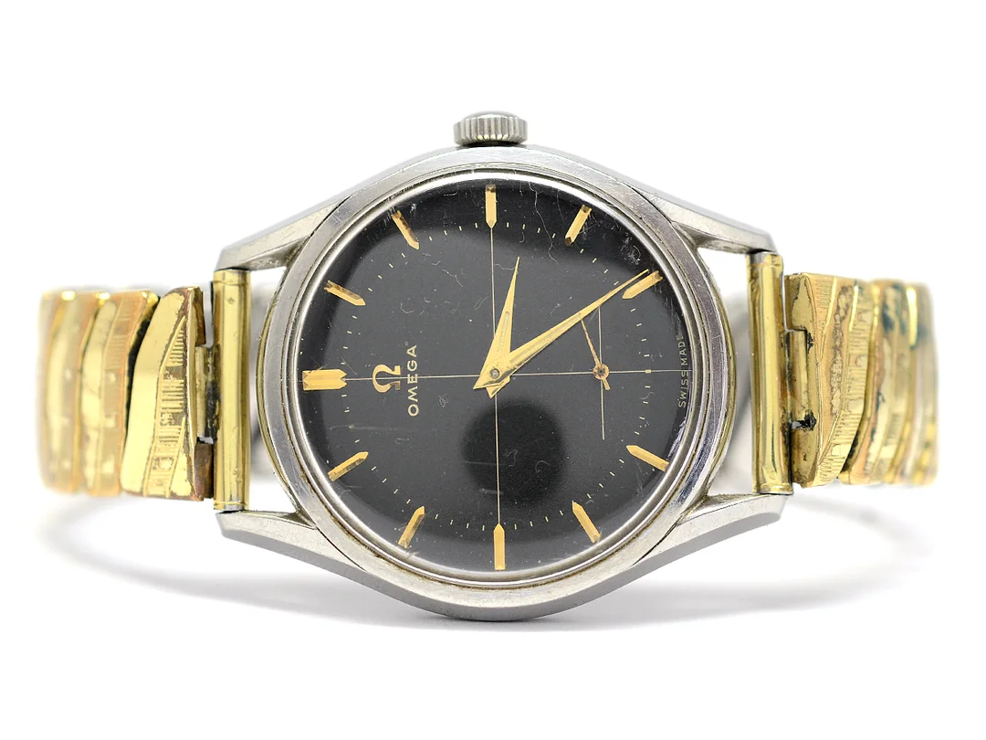 OMEGA, Seamaster, Cal 266, Serie nr. 14196032, Ref nr. CK 2791, Boett nr. 2791-1, herrur, 36 mm, stål, manuell, plexiglas, liten sekundvisare, skadad urtavla, ca 1954, metallänk ej original. — Klockor/Omega — Kaplans