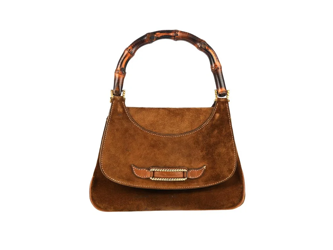 VÄSKA, GUCCI, vintage, brun mocka, bambu handtag, guldfärgade beslag, 25x19x6 cm, bruksslitage. — Accessoarer/Väskor — Kaplans