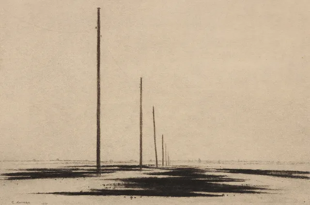 GUNNAR NORRMAN. landskap med elstolpar, kolteckning.