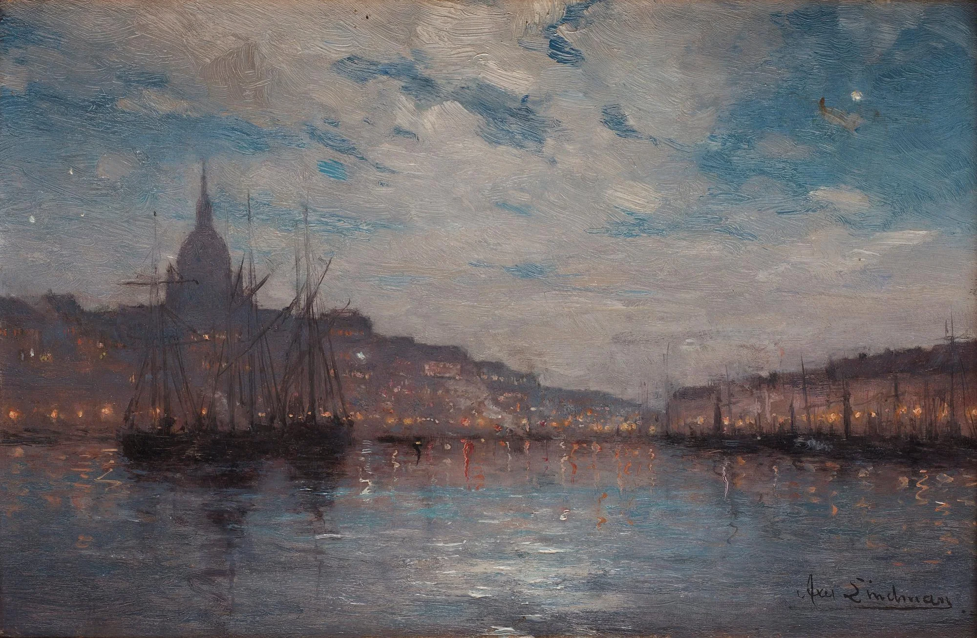 Axel Lindman, Södermalm och Skeppsbron i månsken. — Bukowskis