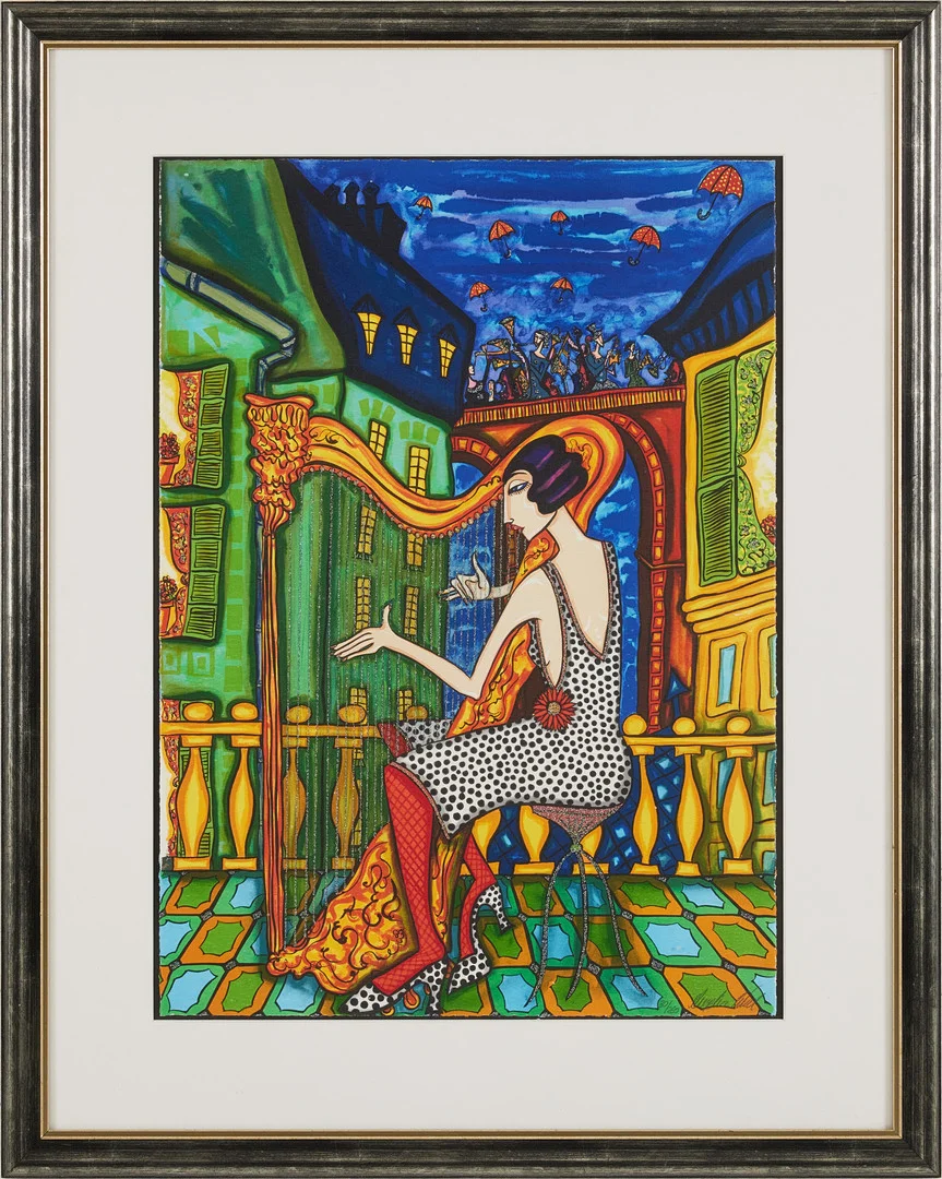 ANGELICA WIIK. Kvinna med harpa, färgseriegrafi med glitter. — Engravings & Prints — Stockholms Auktionsverk Magasin 5