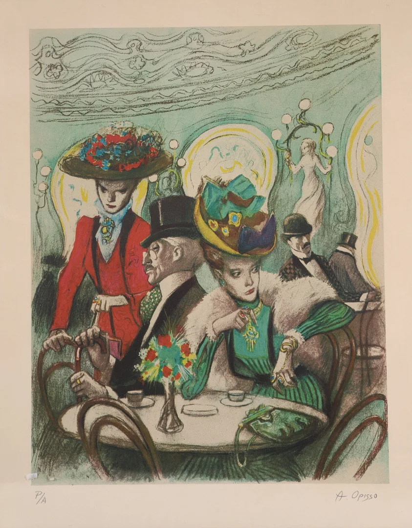 ALFREDO OPISSO CARDONA. DESCANSO EN EL LICEO, LITOGRAFÍA A COLOR SOBRE PAPEL FIRMADA P/A. — Engravings & Prints — Barcelona Auctions