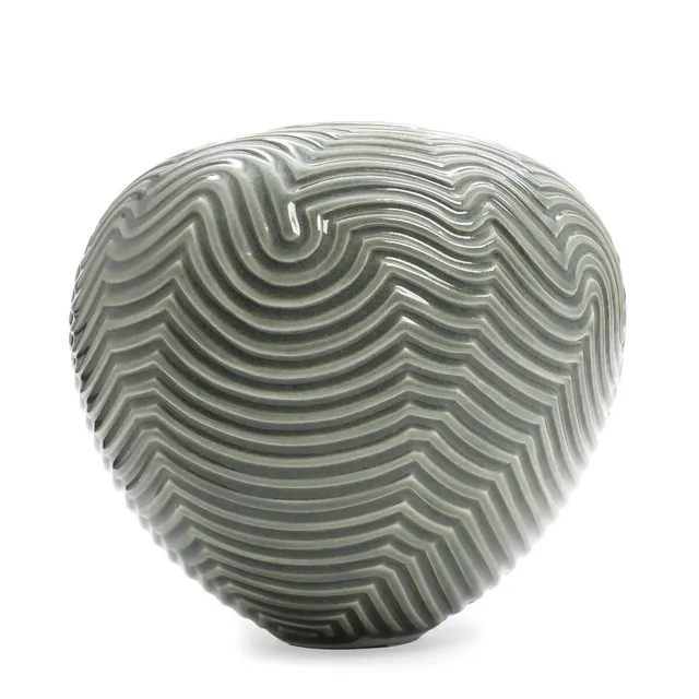 Stoneware vase, modelled with organic relief decor, decorated with celadon glaze. Signed Weiss, 2016. Unique. H. 23. Diam. 24 cm.