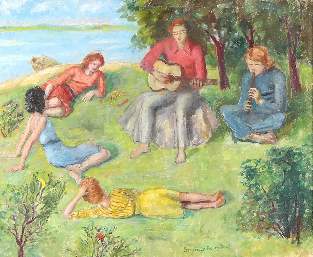 SIGRID WAHLSTRÖM DE ROUGEMONT. Oljemålning på duk. "Musikstund på Djurgården". Signerad.