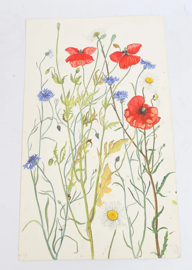 STINA SUNESSON. Motiv med blomster, blandteknik, osignerad.