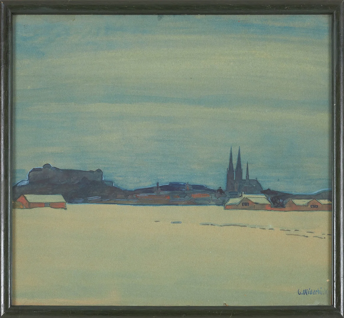GUSTEN WIDERBÄCK. Vy mot Uppsala med slottet och domkyrkan, gouache på papper, signerad. — Paintings — Stockholms Auktionsverk Sickla