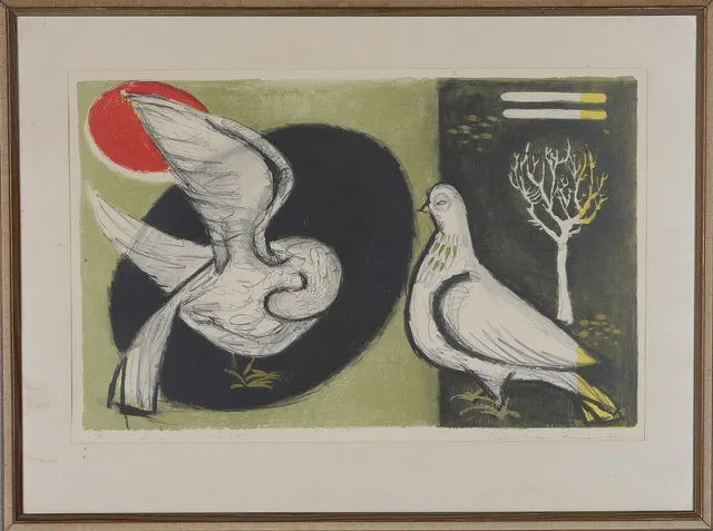 KERSTIN LUNDBERG STENMAN. Färglitografi, " Duvor", org lito, signerad och daterad 1961.