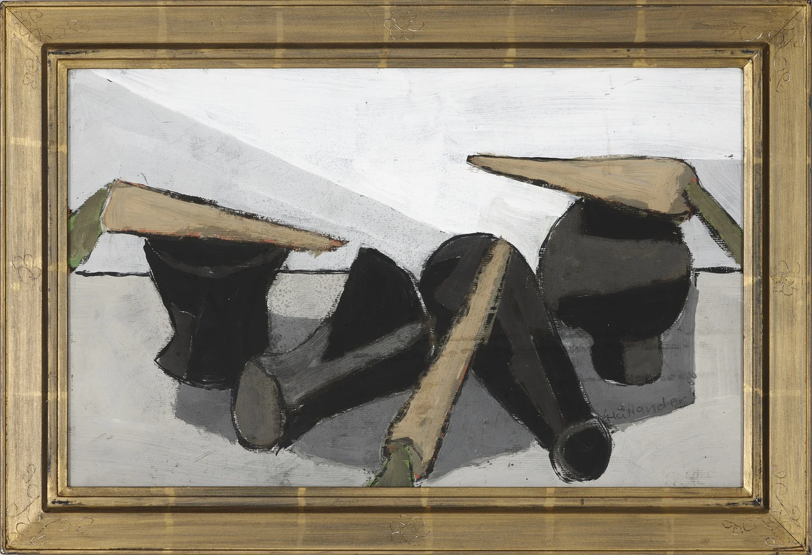 GUNNAR HÅLLANDER (SVERIGE, 1915-1980). "Svarta vaser och palsternackor", signerad Ålander, utförd 1966, akryl på pannå. — Paintings — Crafoord Auktioner Stockholm