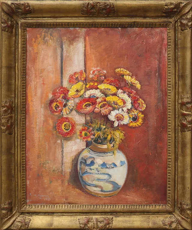 CARL ANDERSON. Stilleben med blommor i bojan. Olja på duk, signerad och daterad 1936.
