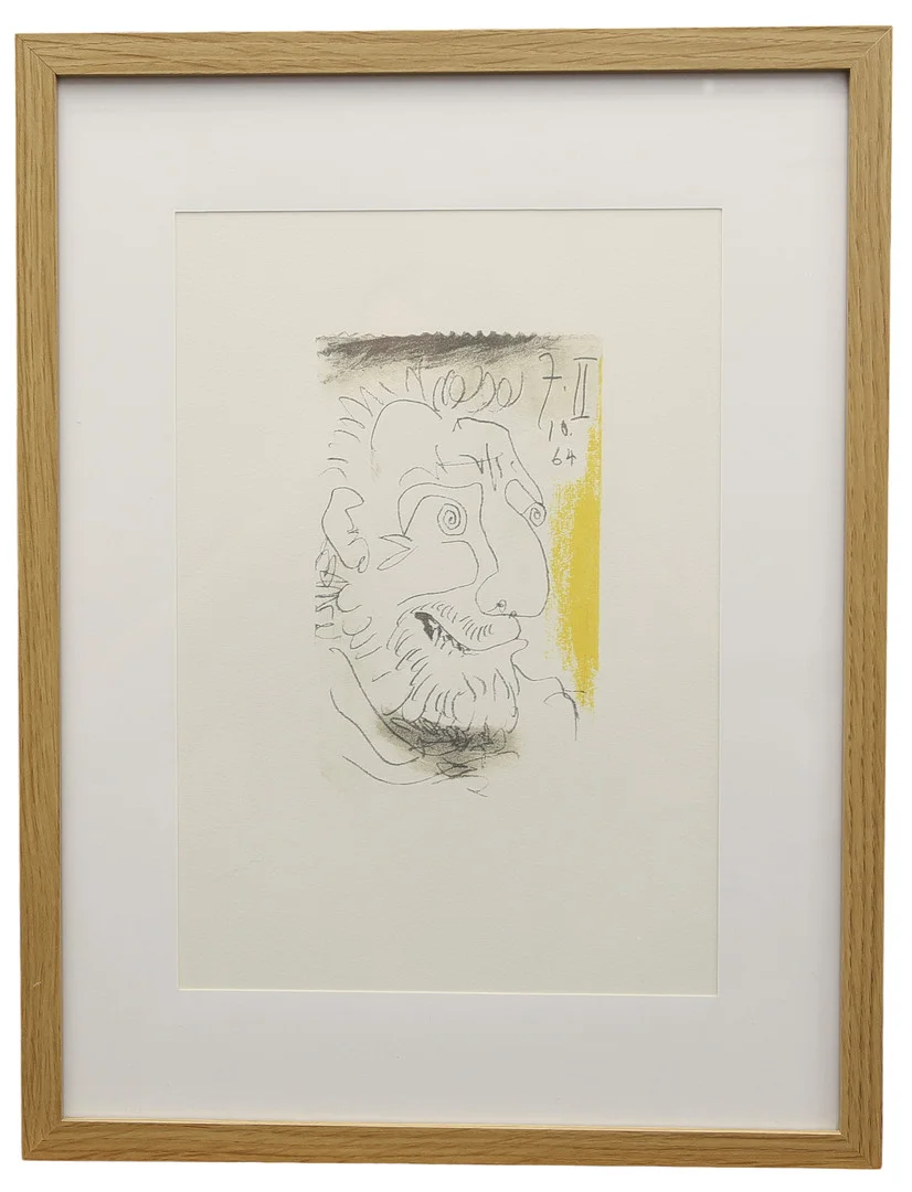 PABLO PICASSO. Efter, färglitografi , mansporträtt märkt 7.10. 64. II, ur "LE GOUT DU BONHEUR" Schünemann, nr 403/666, år 1970. — Engravings & Prints — Limhamns Auktionsbyrå