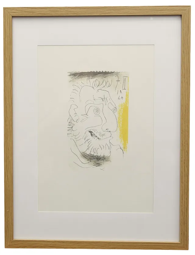 PABLO PICASSO. Efter, färglitografi , mansporträtt märkt 7.10. 64. II, ur "LE GOUT DU BONHEUR" Schünemann, nr 403/666, år 1970.