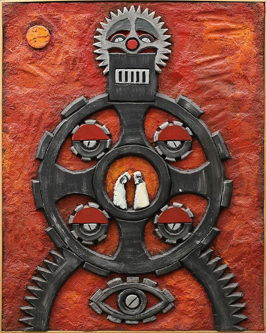 ALF STRIDFELDT. "Homo Mechania" Bemålad relief på spånplatta, signerad och daterad -67 a tergo. — Paintings — Garpenhus Auktioner