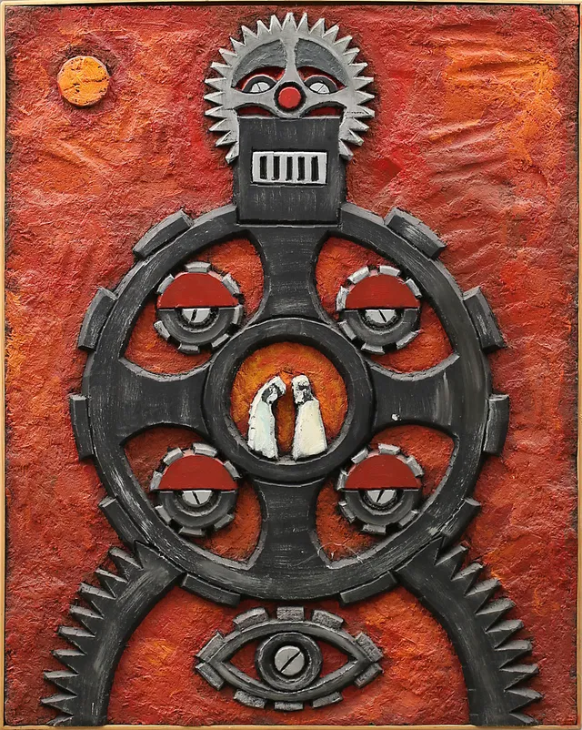 ALF STRIDFELDT. "Homo Mechania" Bemålad relief på spånplatta, signerad och daterad -67 a tergo.