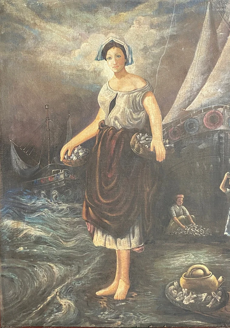 Unbekannter Künstler, Öl auf Platte, Die Fischerin. — Paintings — Stockholms Auktionsverk Düsseldorf/Neuss