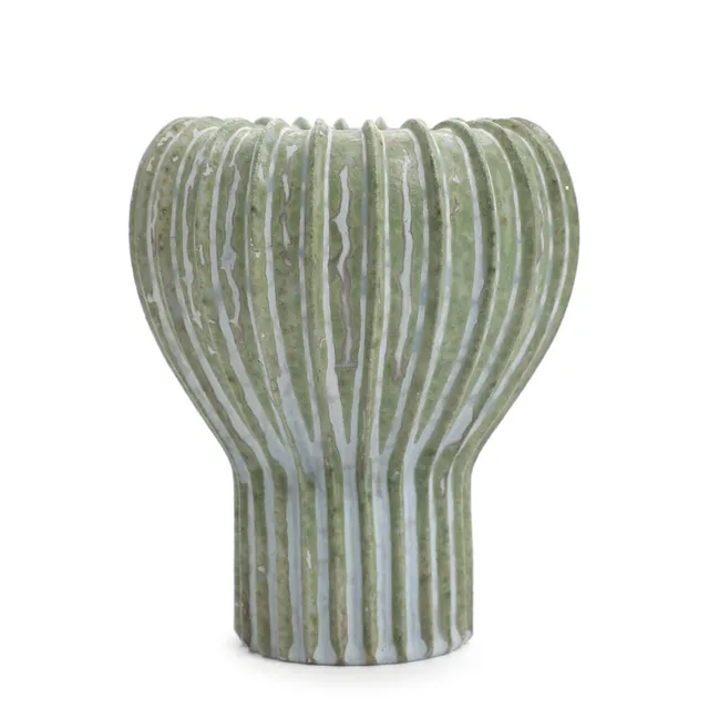 Stoneware vase modelled with vertical fluted relief decor. Decorated with green and blue glaze. Signed monogram, 139. H. 17 cm. Diam. 13.5 cm.