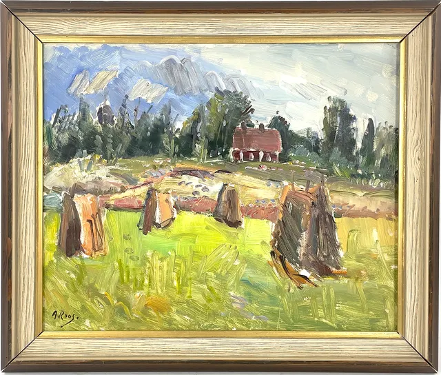 ALEXANDER ROOS. Olja på pannå, höskörd, signerad A. Roos.