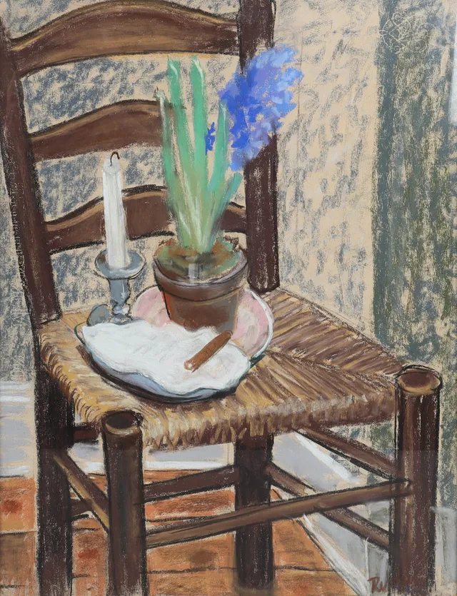 OIDENTIFIERAD KONSTNÄR, stilleben med stol, pastell.