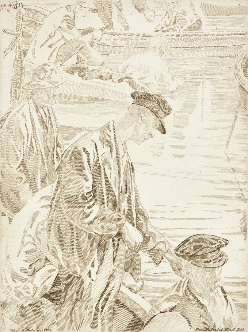 CARL WILHELMSON. "Makrillfiskare", signerad i trycket, etsning, Föreningen för Grafisk Konst, 1924 efter Carl Wilhelmson 1919. — Engravings & Prints — Crafoord Auktioner Stockholm