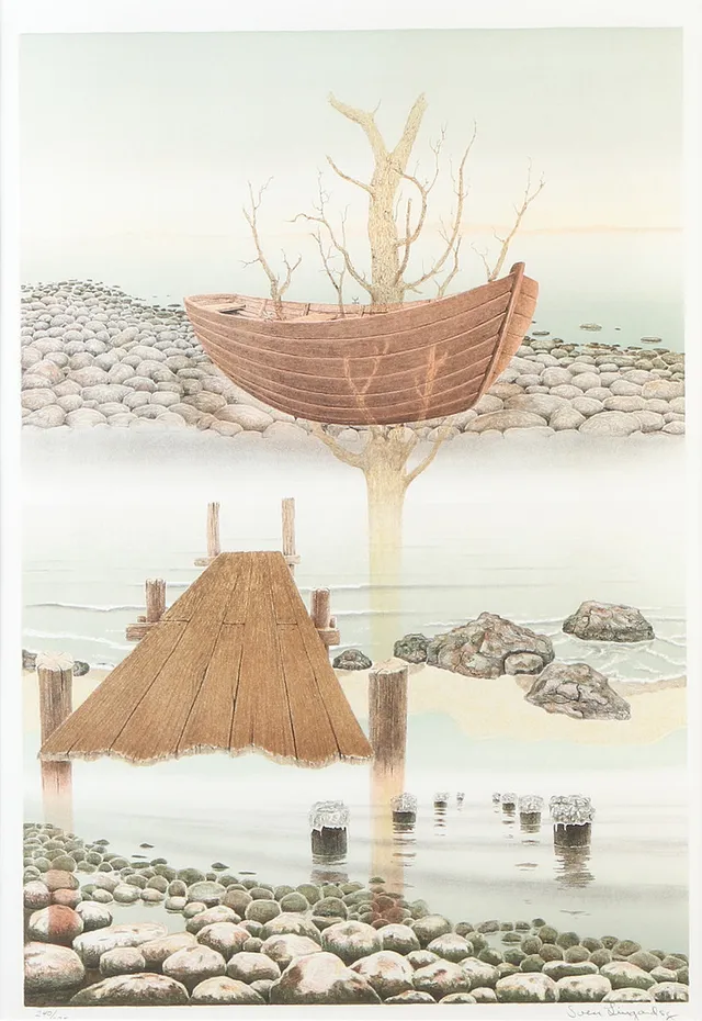 SVEN LINGARDSZ. Litografi, numrerad under passepartout. Surrealistisakt landskap. Signerad.