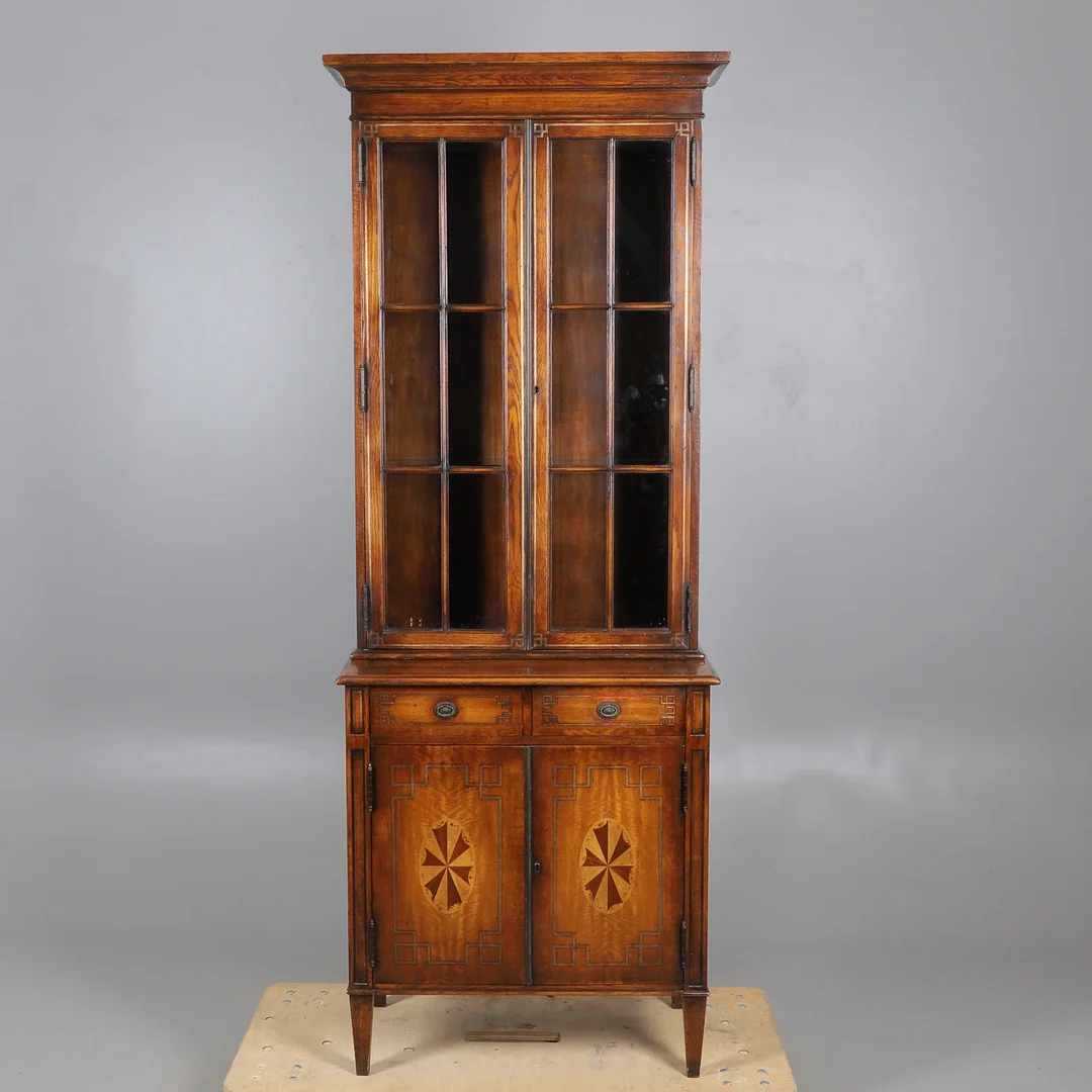 A REPRODUCTION INLAID MAHOGANY TWO PART BOOKCASE CUPBOARD. — Cupboards, Cabinets & Shelves — Lawrences Auctioneers