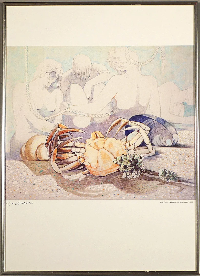 AXEL OLSON. signerat tryck, "Något händer på stranden", 1978. — Engravings & Prints — Lysekils Auktionsbyrå