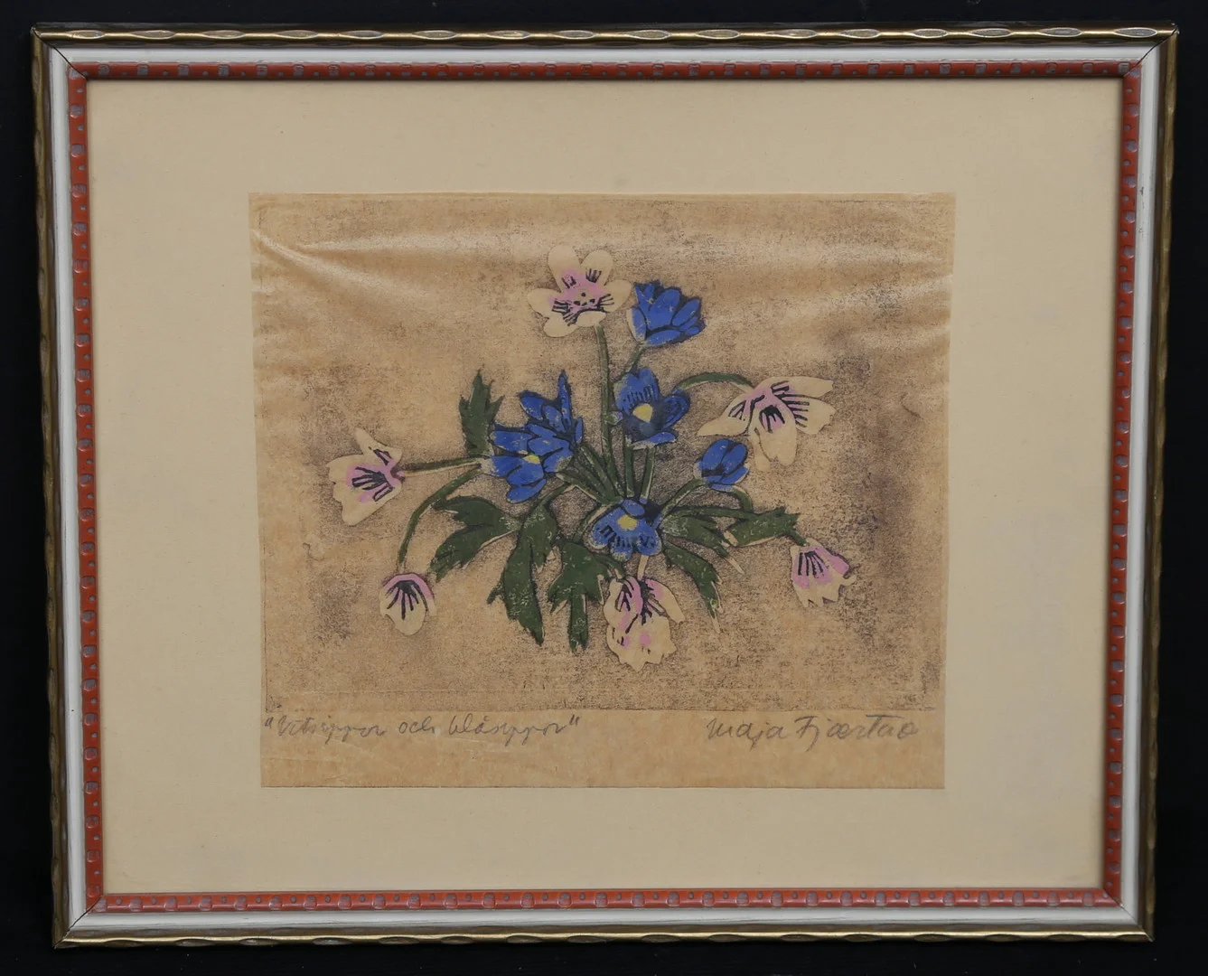 MAJA FJAESTAD. "Vitsippor och blåsippor". Träsnitt, signerad. — Engravings & Prints — Gomér & Andersson Linköping