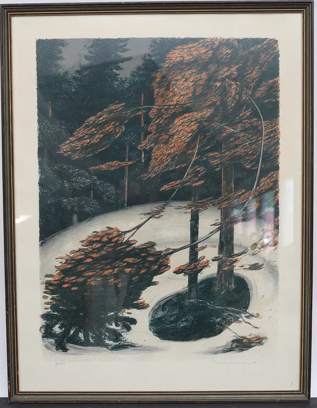 BERNT JONASSON. Skogsbild med träd, färglitografi, signerad och numrerad.