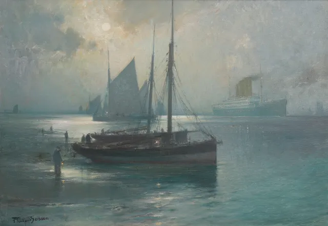 FRANZ MÜLLER-GOSSEN. SEGELBÅTAR OCH FARTYG I MÅNSKEN.